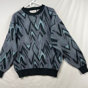 Vintage 80s Michael Gerald Sweater Mens XL Grey Teal Abstract Textured  Knit